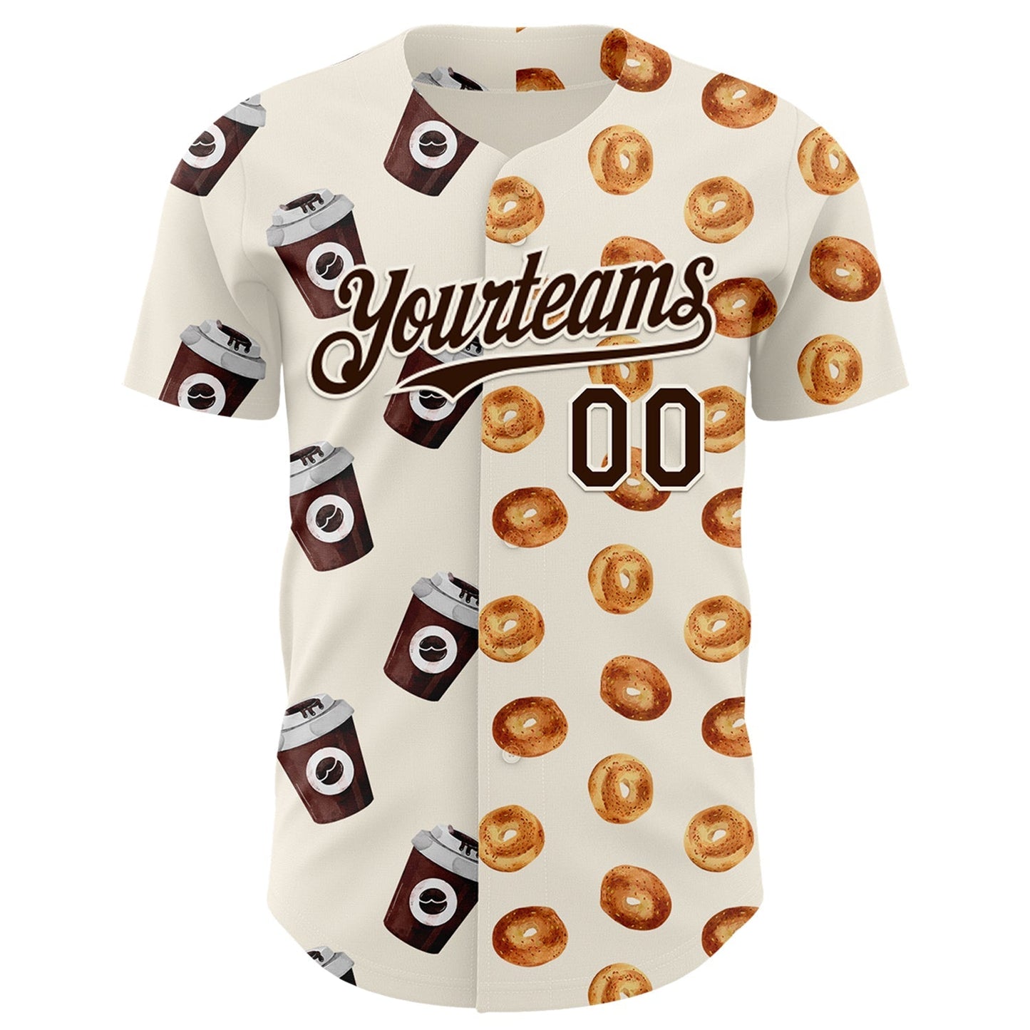 Custom Cream Brown Valentine's Day Bagel Meets Coffee Authentic Baseball Jersey baseball jersey product view 2