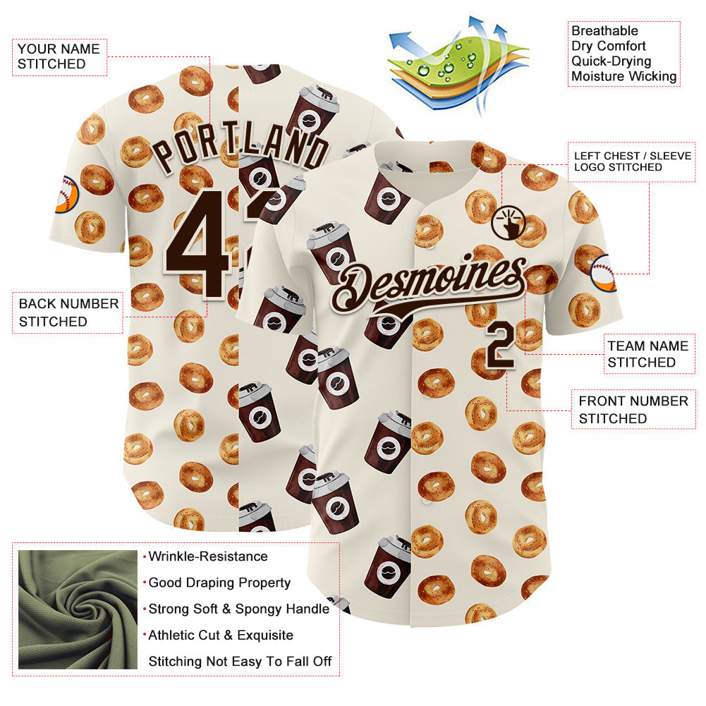 Custom Cream Brown Valentine's Day Bagel Meets Coffee Authentic Baseball Jersey baseball jersey product view 3