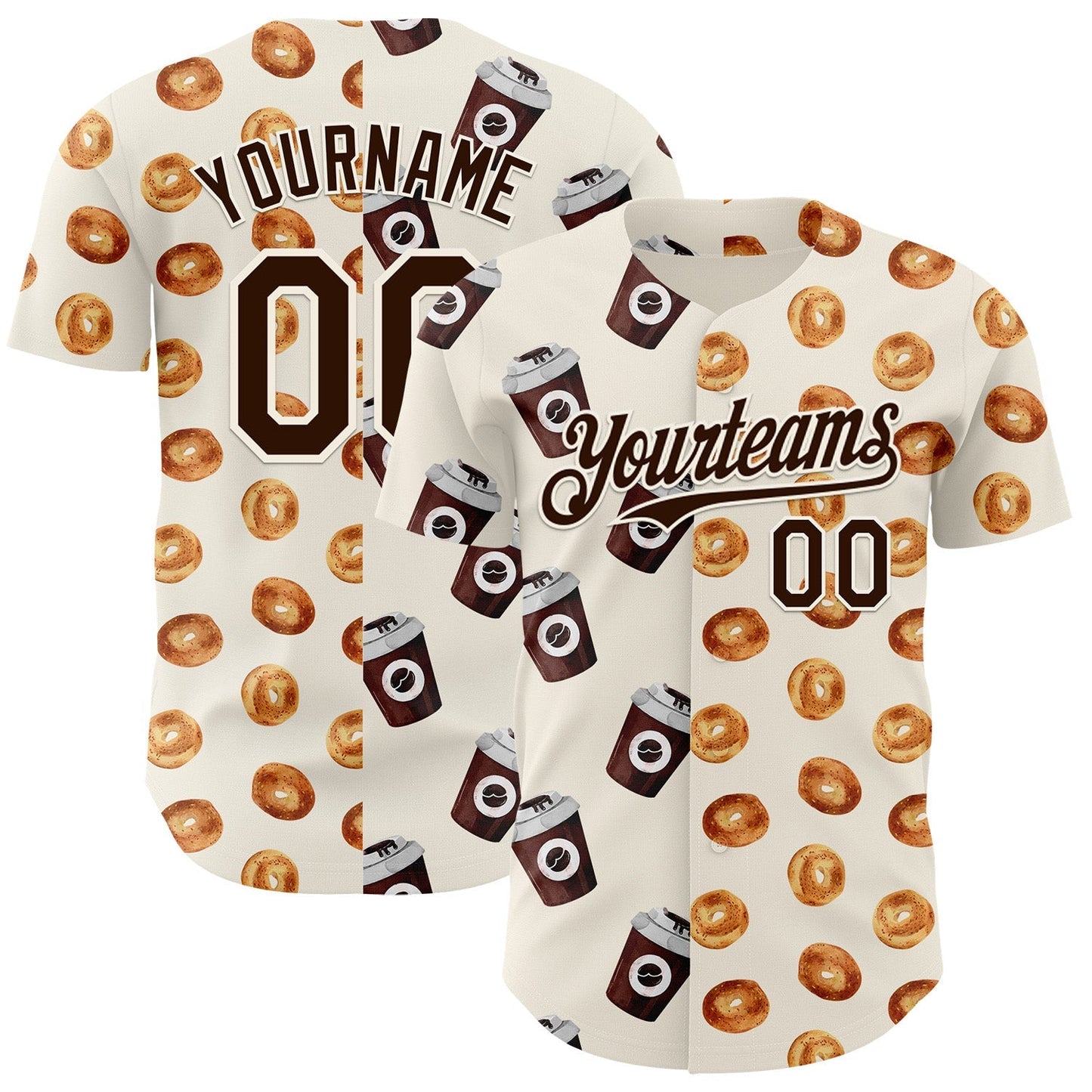 Custom Cream Brown Valentine's Day Bagel Meets Coffee Authentic Baseball Jersey baseball jersey product view 1
