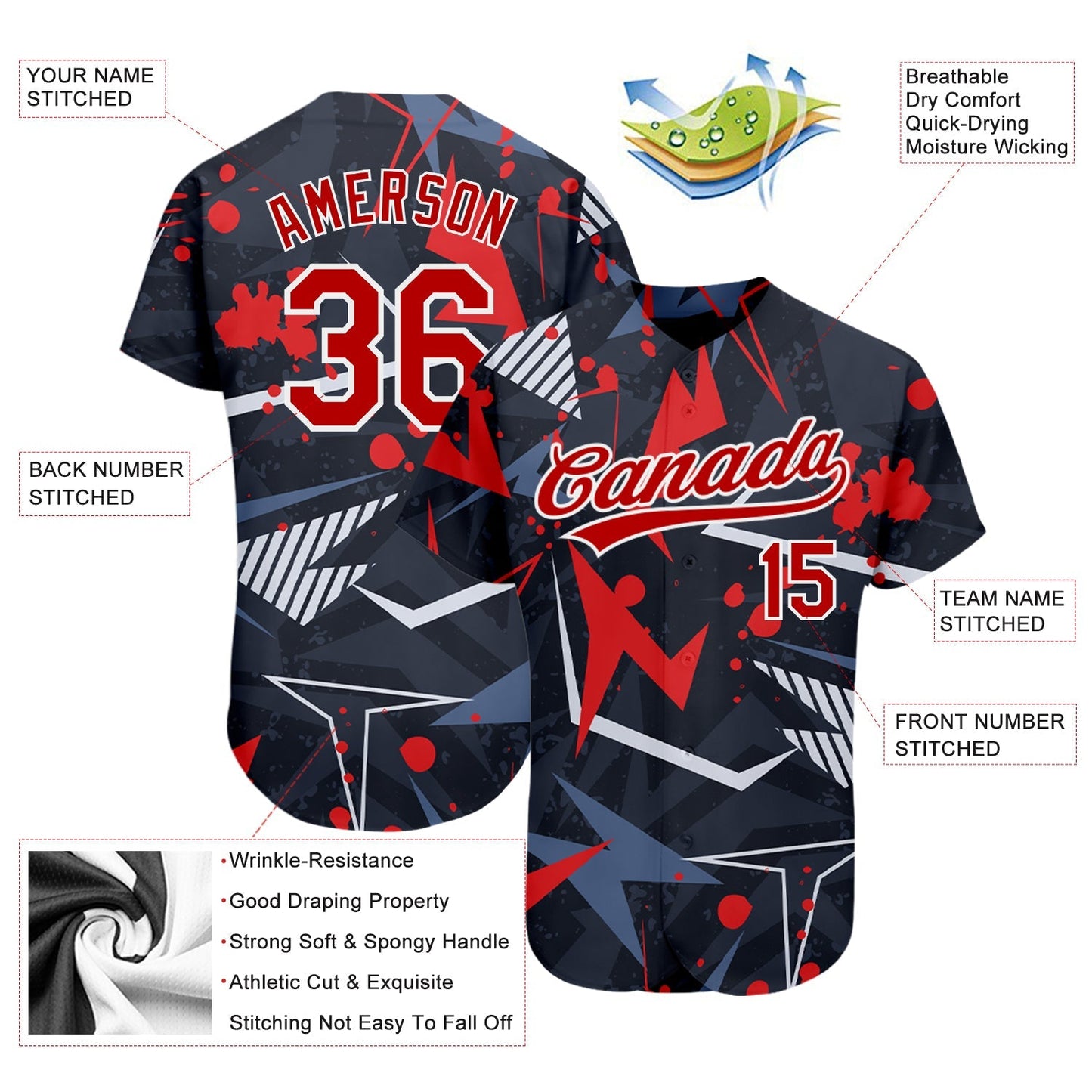 Custom Black Red-White 3D Pattern Design Authentic Baseball Jersey baseball jersey product view 3