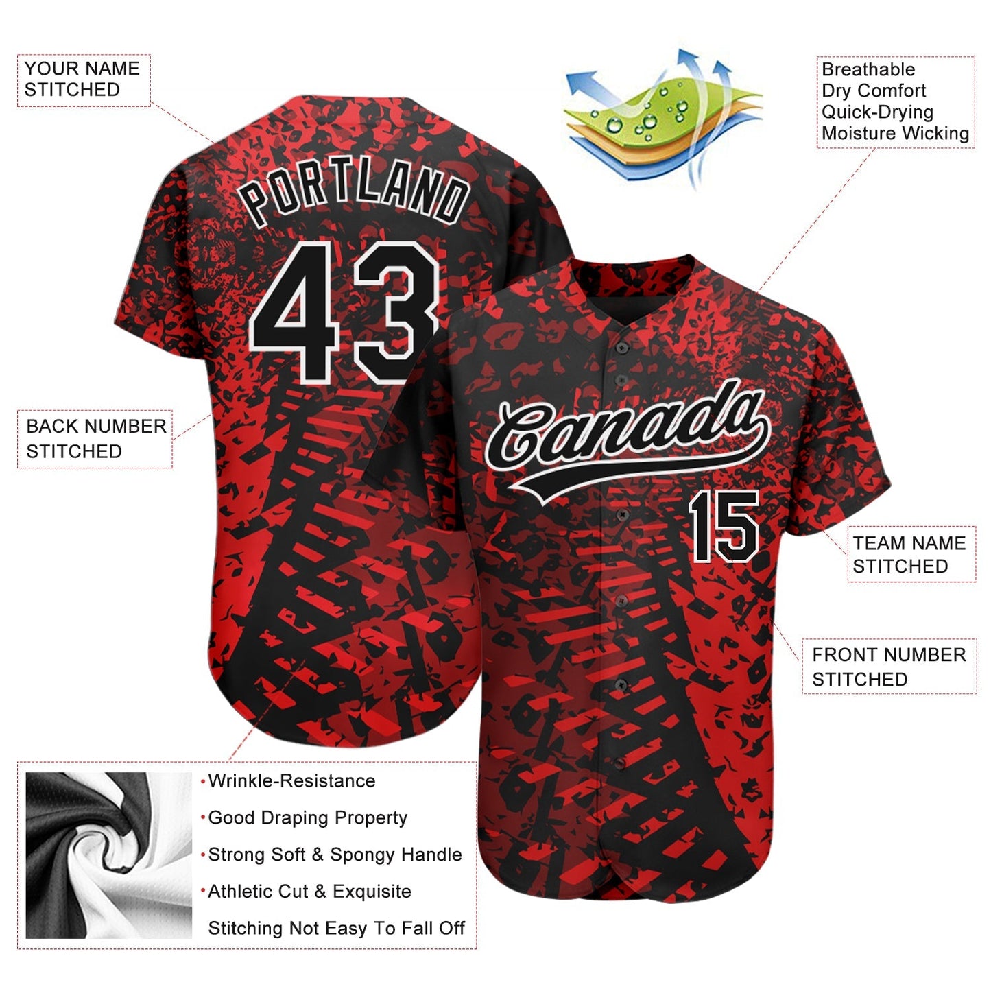 Custom Red Black-White 3D Pattern Design Authentic Baseball Jersey baseball jersey product view 3