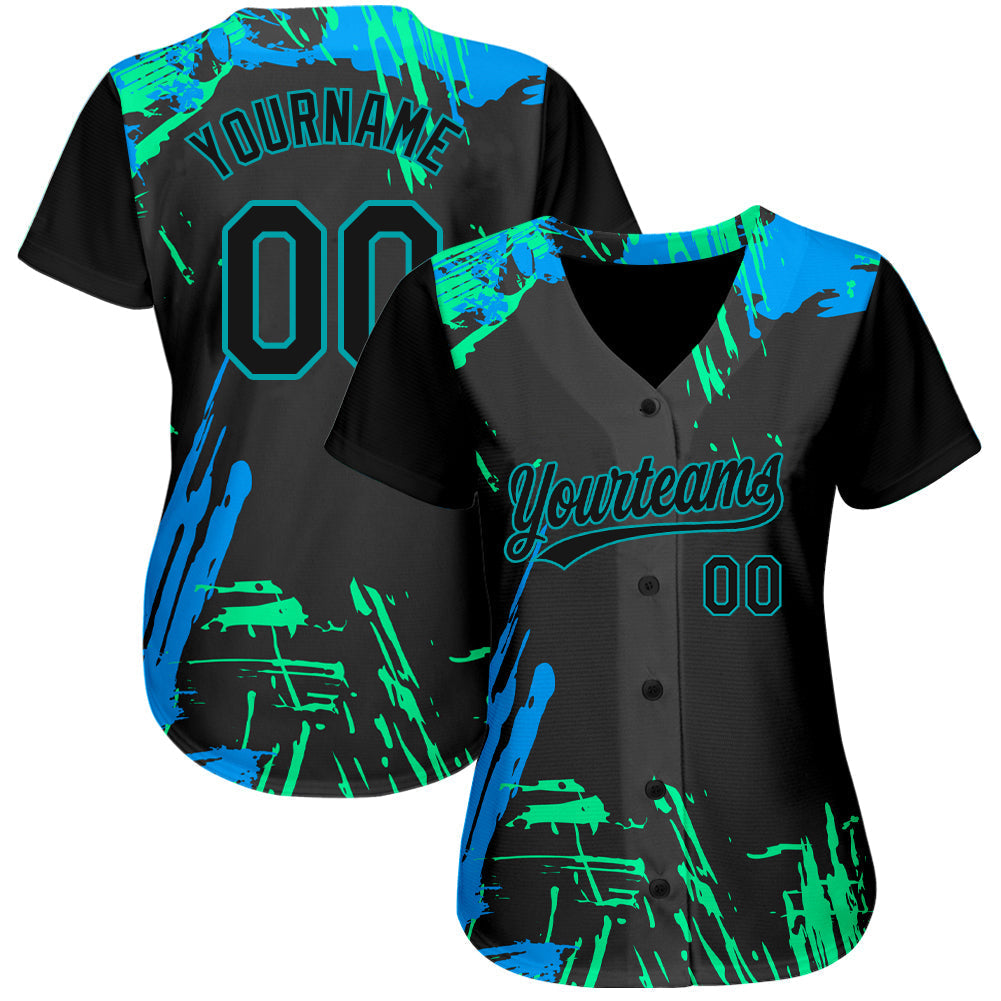 Custom Black Black Teal-Light Blue 3D Pattern Design Authentic Baseball Jersey baseball jersey product view 2
