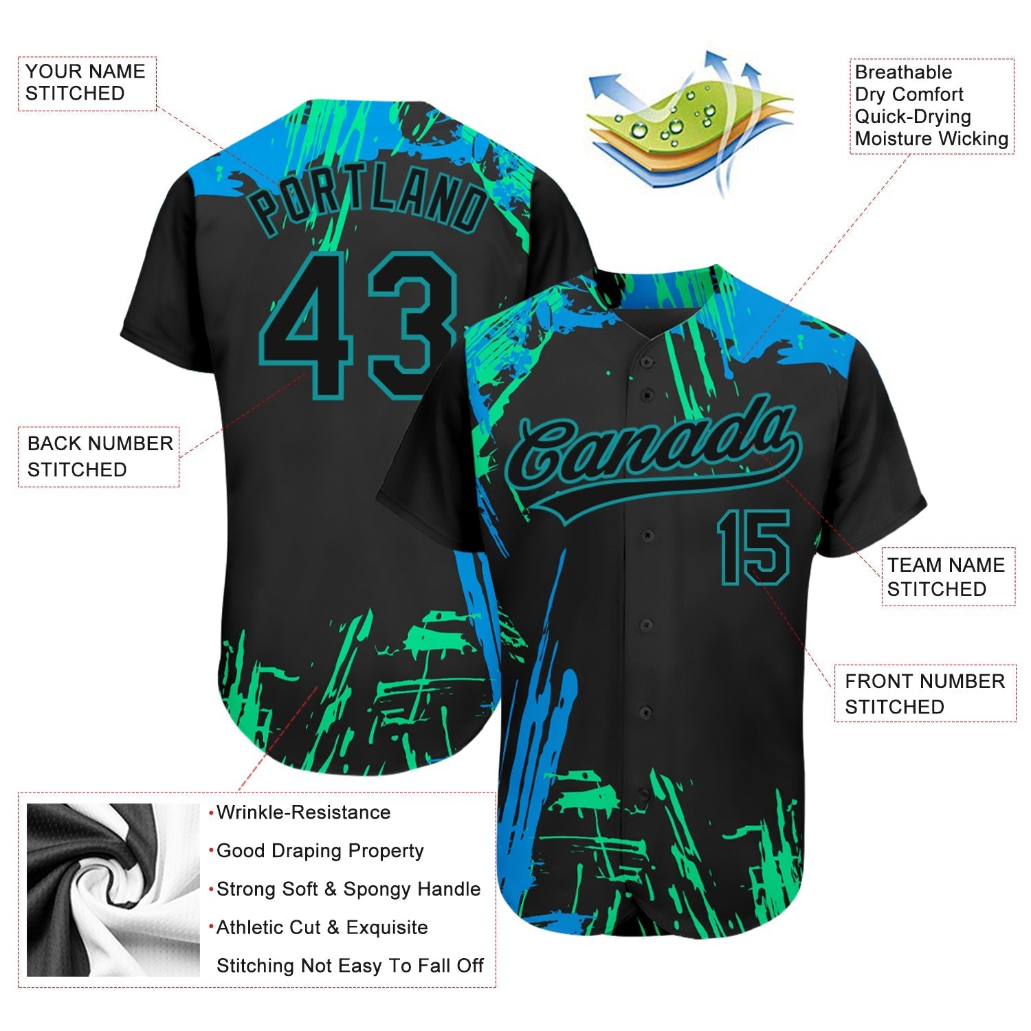 Custom Black Black Teal-Light Blue 3D Pattern Design Authentic Baseball Jersey baseball jersey product view 3