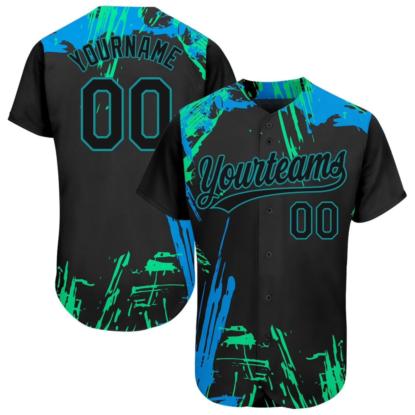 Custom Black Black Teal-Light Blue 3D Pattern Design Authentic Baseball Jersey baseball jersey product view 1