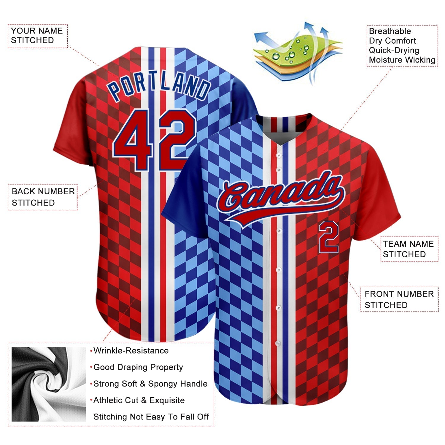Custom Figure Red-Royal 3D Pattern Design Authentic Baseball Jersey baseball jersey product view 3