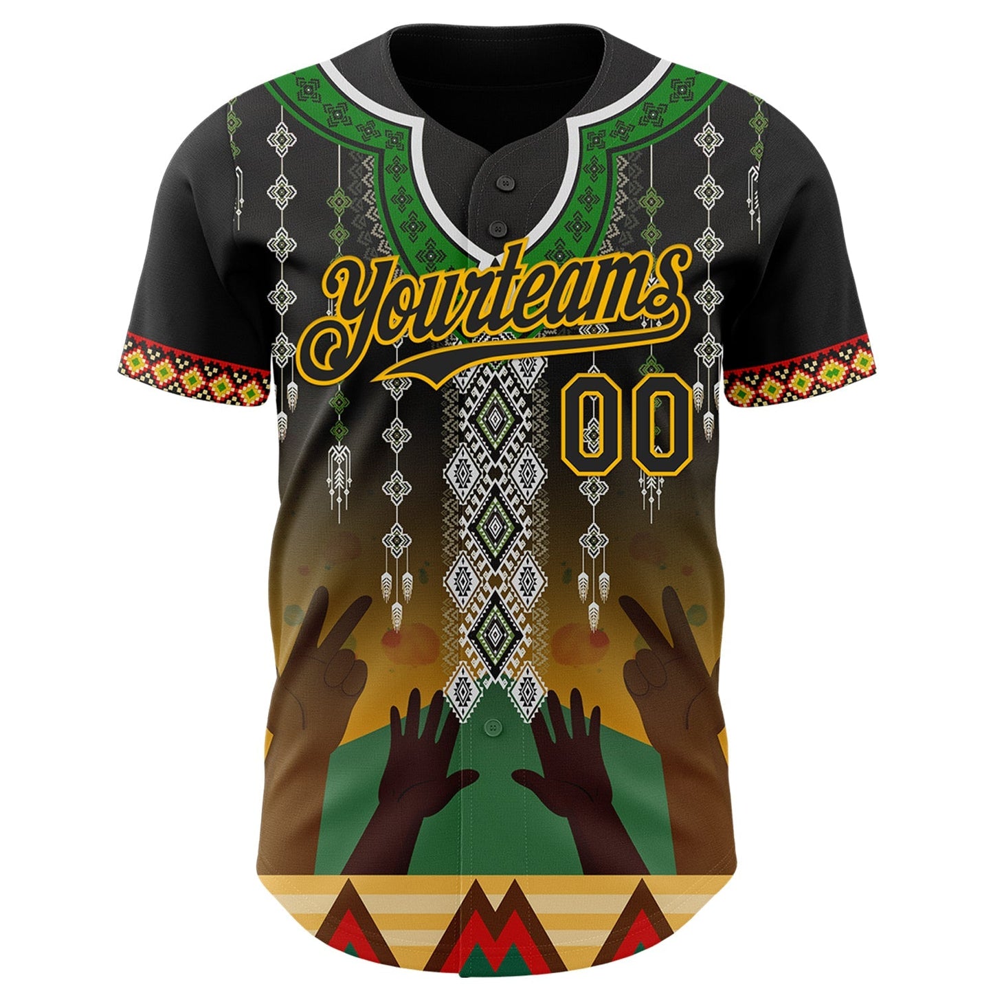 Custom Black Green Gold-Red Black History Month Africa Tribal Authentic Baseball Jersey baseball jersey product view 2