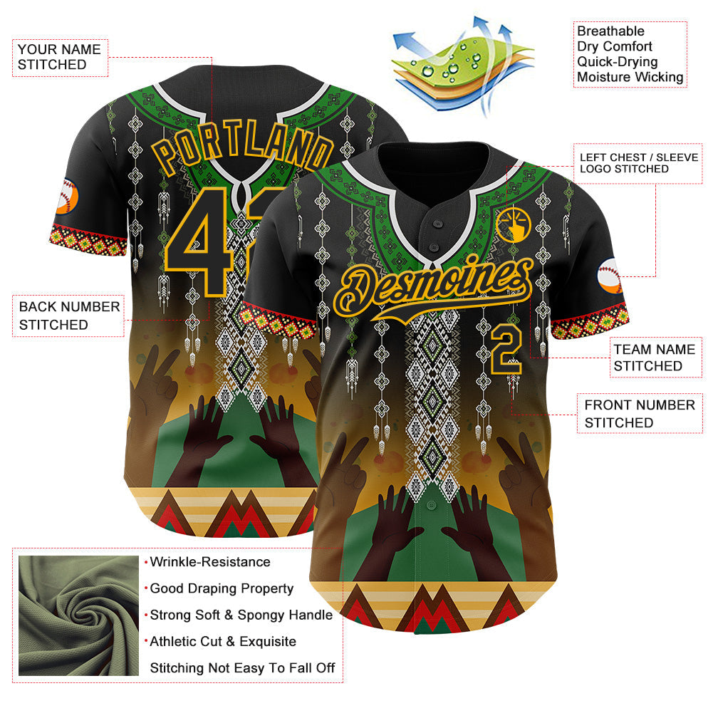 Custom Black Green Gold-Red Black History Month Africa Tribal Authentic Baseball Jersey baseball jersey product view 3