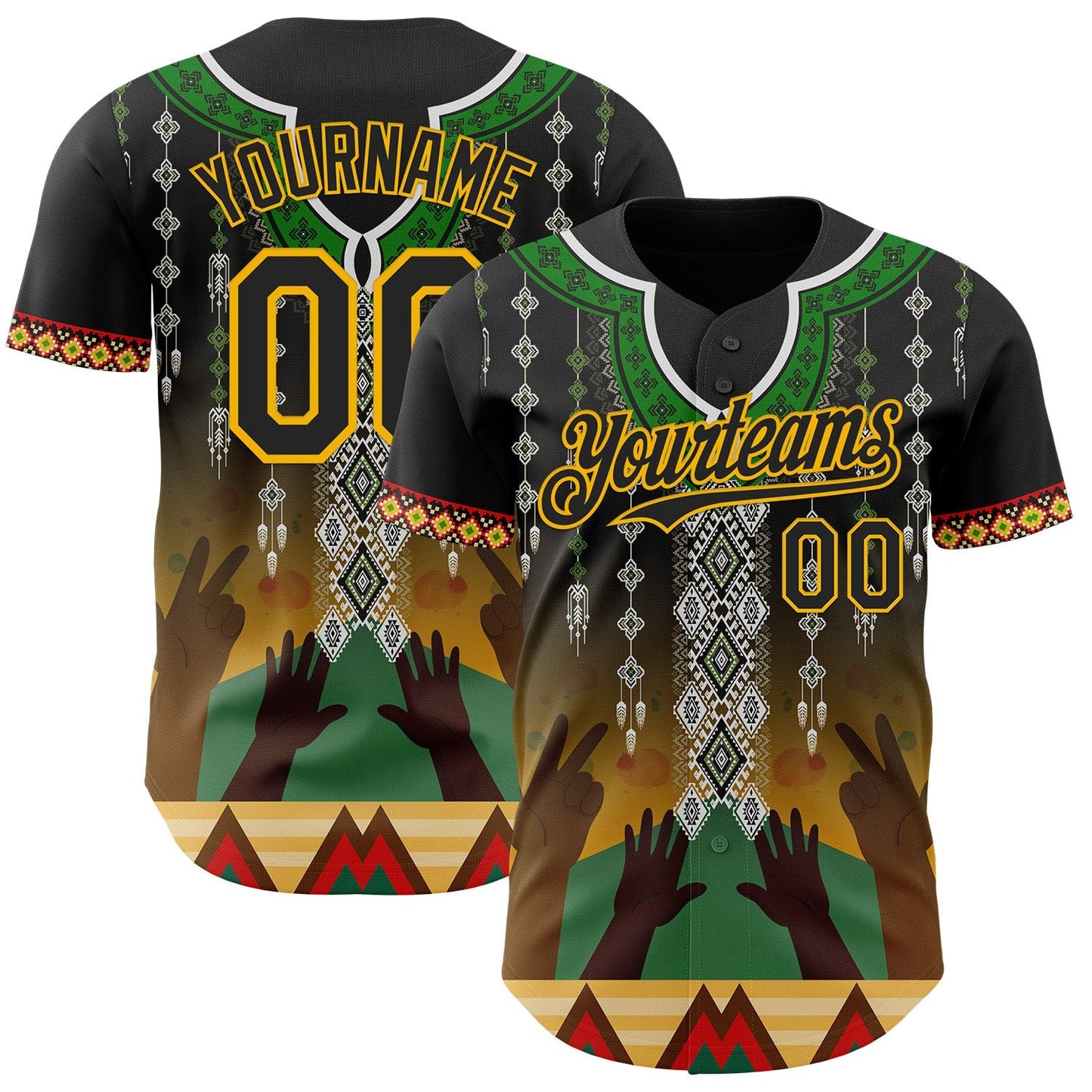 Custom Black Green Gold-Red Black History Month Africa Tribal Authentic Baseball Jersey baseball jersey product view 1