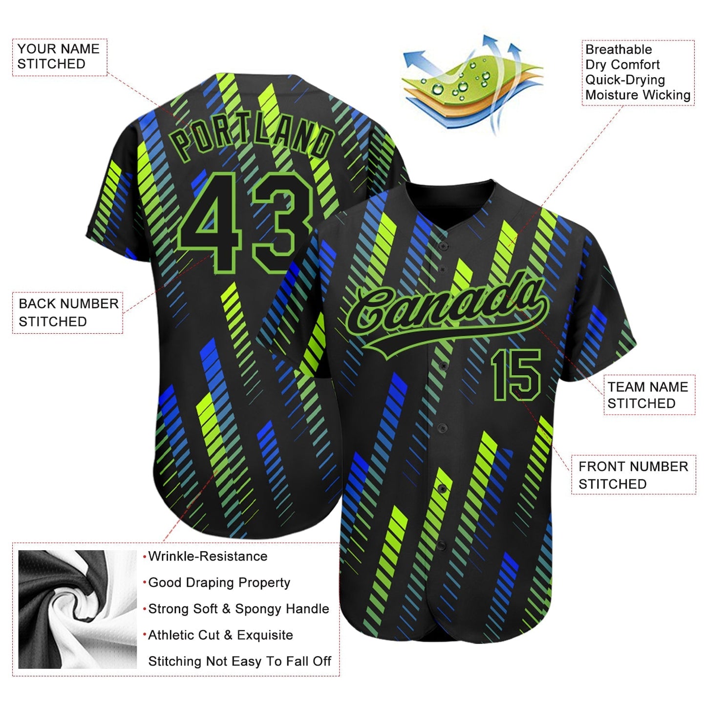 Custom Black Black Neon Green-Royal 3D Pattern Design Authentic Baseball Jersey baseball jersey product view 3