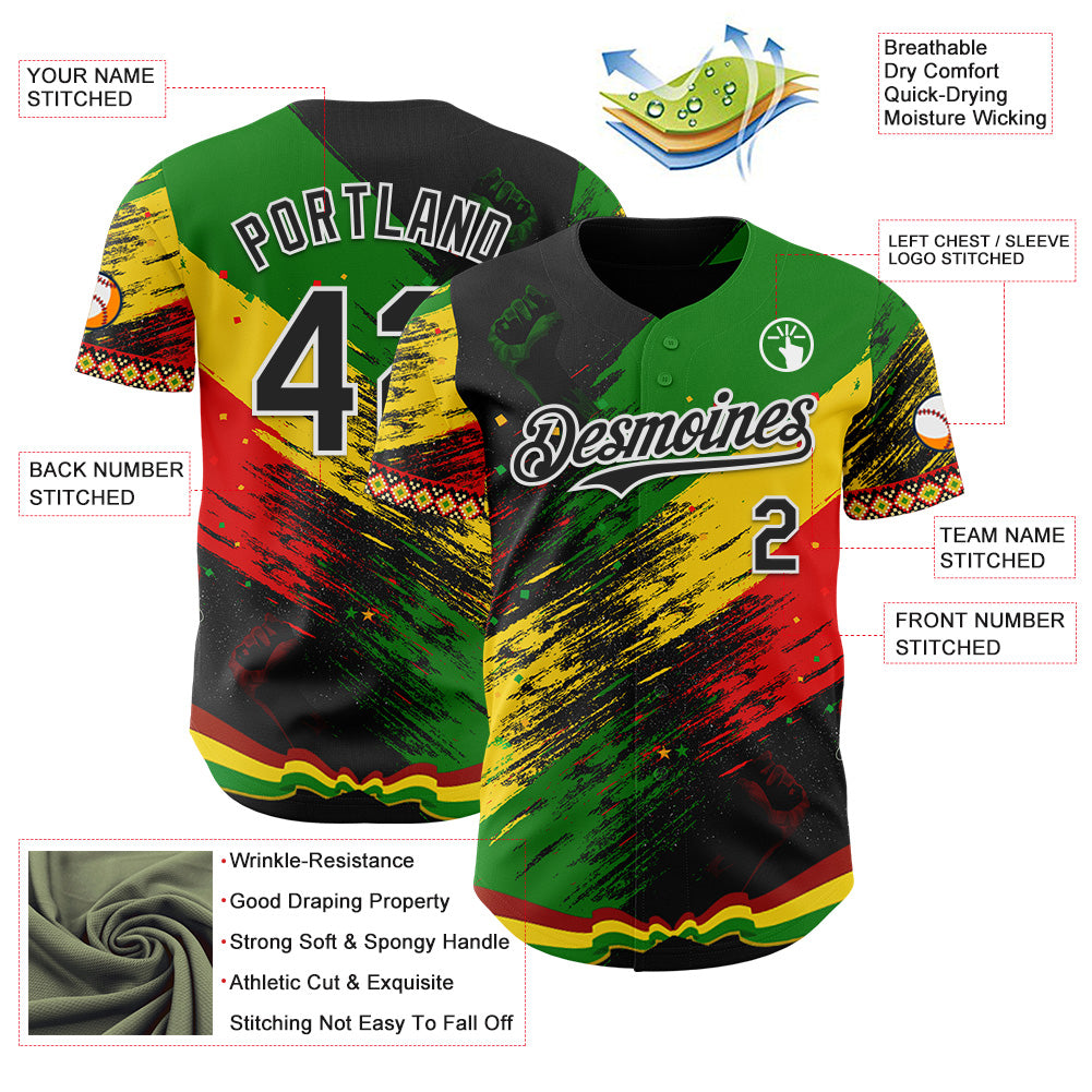 Custom Black Green Yellow Red-White Black History Month Africa Tribal Authentic Baseball Jersey baseball jersey product view 3