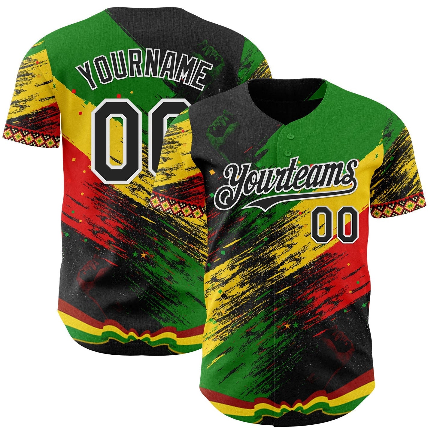 Custom Black Green Yellow Red-White Black History Month Africa Tribal Authentic Baseball Jersey baseball jersey product view 1