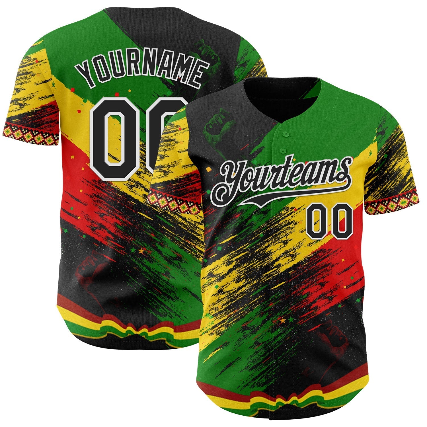 Custom Black Green Yellow Red-White Black History Month Africa Tribal Authentic Baseball Jersey baseball jersey product view 1