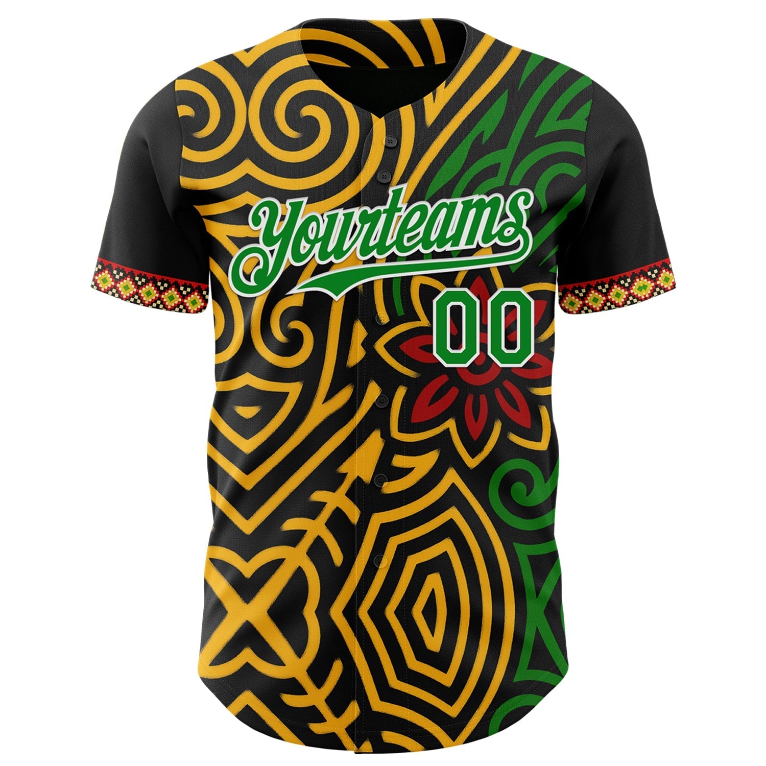Custom Black Grass Green Gold Red-White Black History Month Africa Tribal Authentic Baseball Jersey baseball jersey product view 2