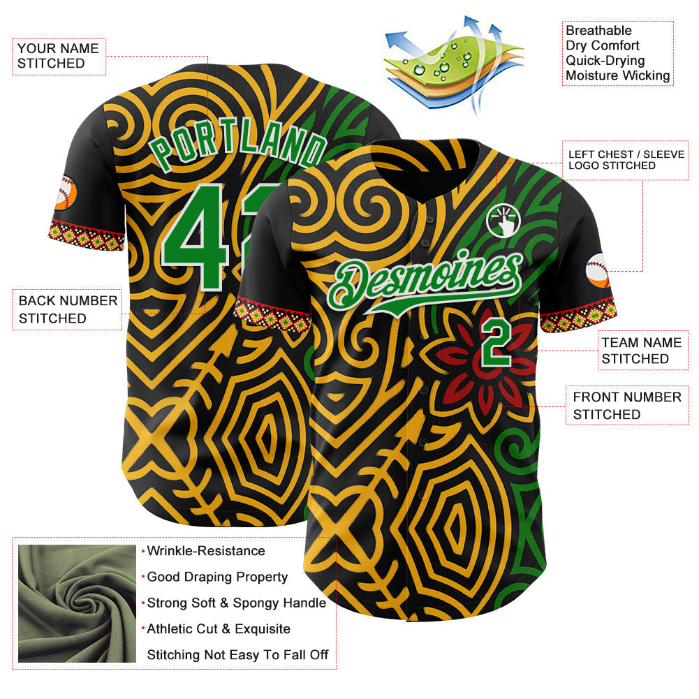 Custom Black Grass Green Gold Red-White Black History Month Africa Tribal Authentic Baseball Jersey baseball jersey product view 3