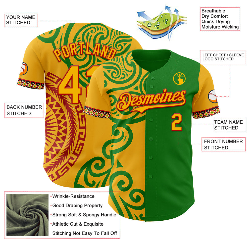 Custom Grass Green Gold Red-Black Black History Month Africa Tribal Authentic Baseball Jersey baseball jersey product view 3