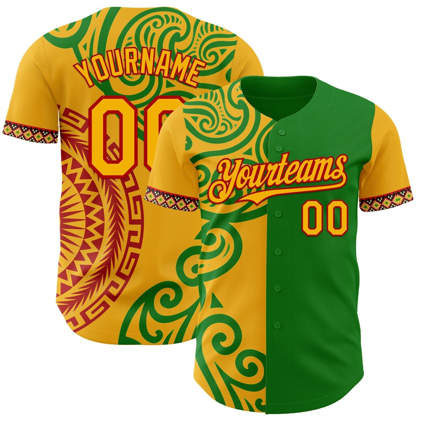 Custom Grass Green Gold Red-Black Black History Month Africa Tribal Authentic Baseball Jersey baseball jersey product view 1