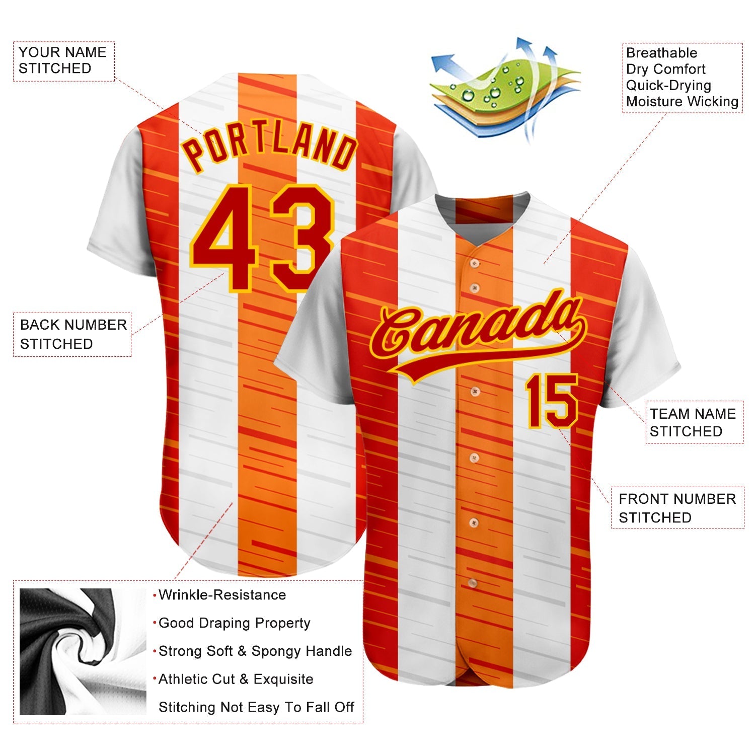 Custom White Red Gold-Orange 3D Pattern Design Authentic Baseball Jersey baseball jersey product view 3