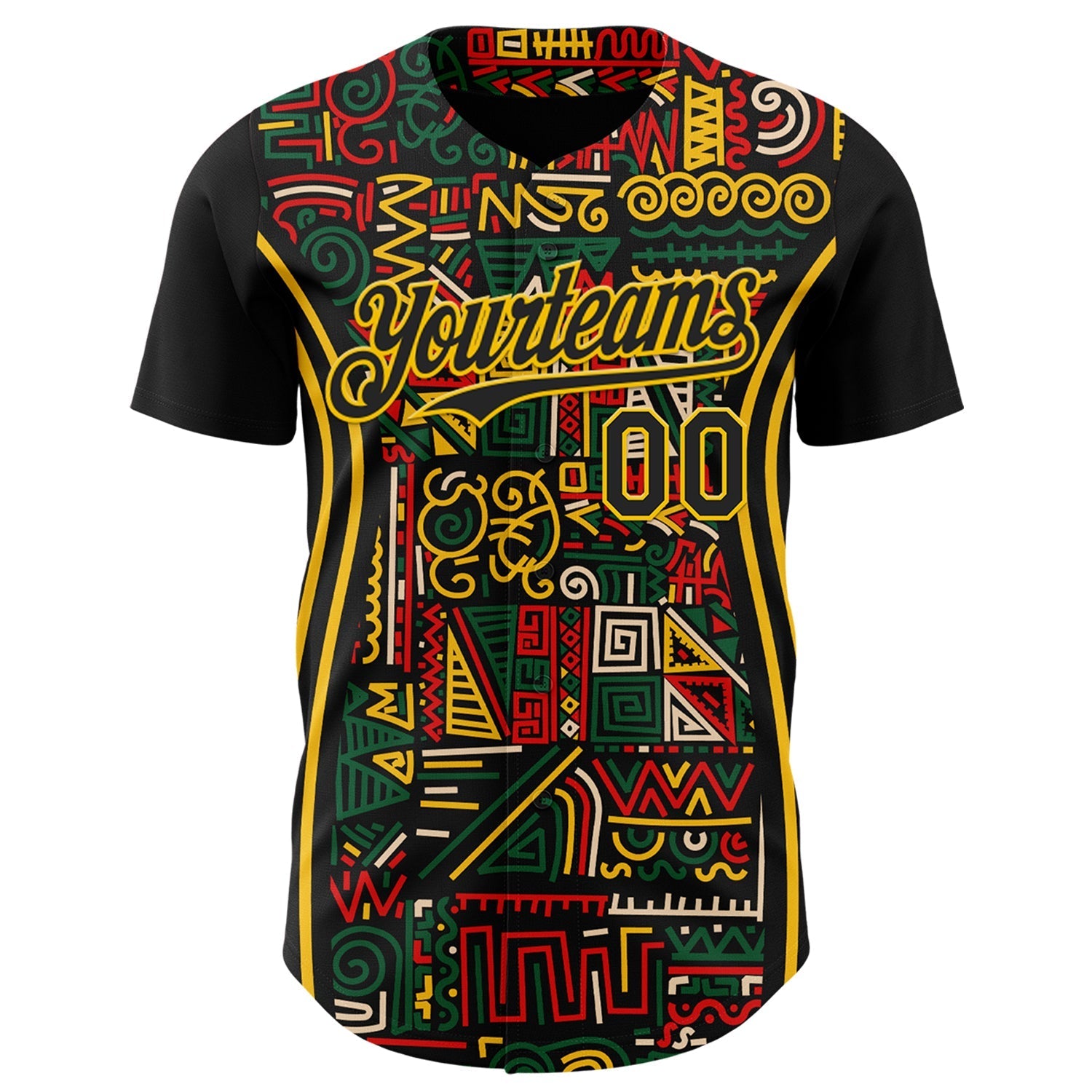 Custom Black Yellow Green-Red 3D Pattern Design Black History Month African Ethnicity Style Abstract Geometric Authentic Baseball Jersey baseball jersey product view 2