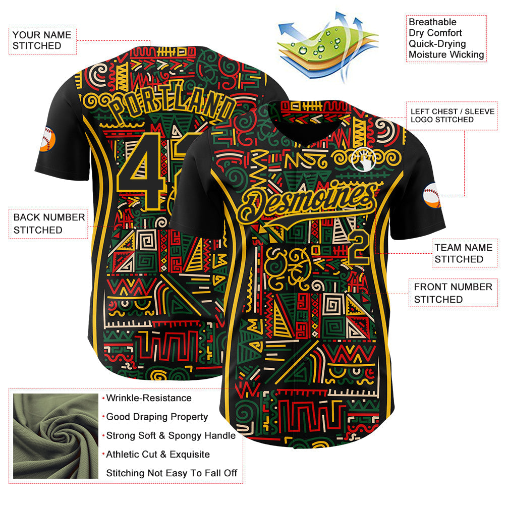 Custom Black Yellow Green-Red 3D Pattern Design Black History Month African Ethnicity Style Abstract Geometric Authentic Baseball Jersey baseball jersey product view 3