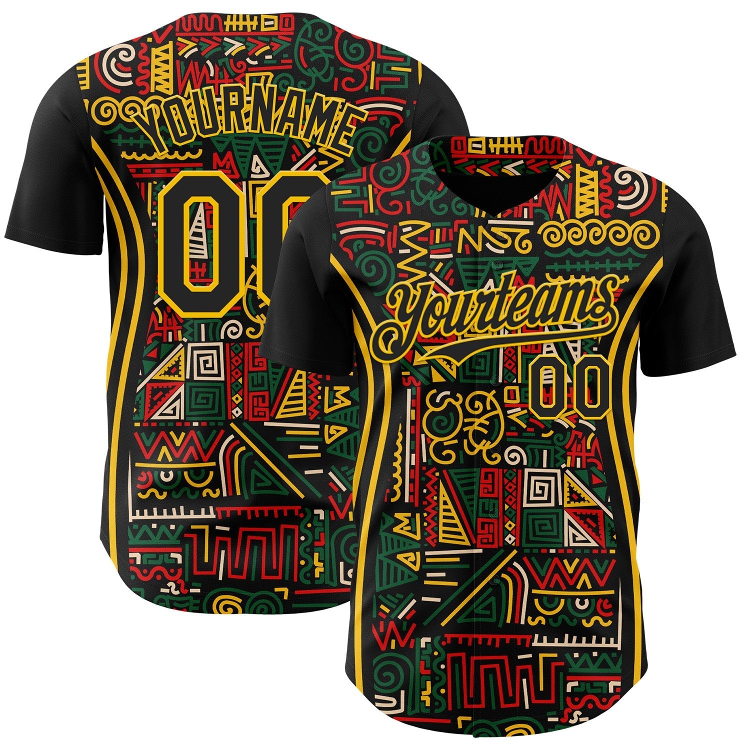 Custom Black Yellow Green-Red 3D Pattern Design Black History Month African Ethnicity Style Abstract Geometric Authentic Baseball Jersey baseball jersey product view 1