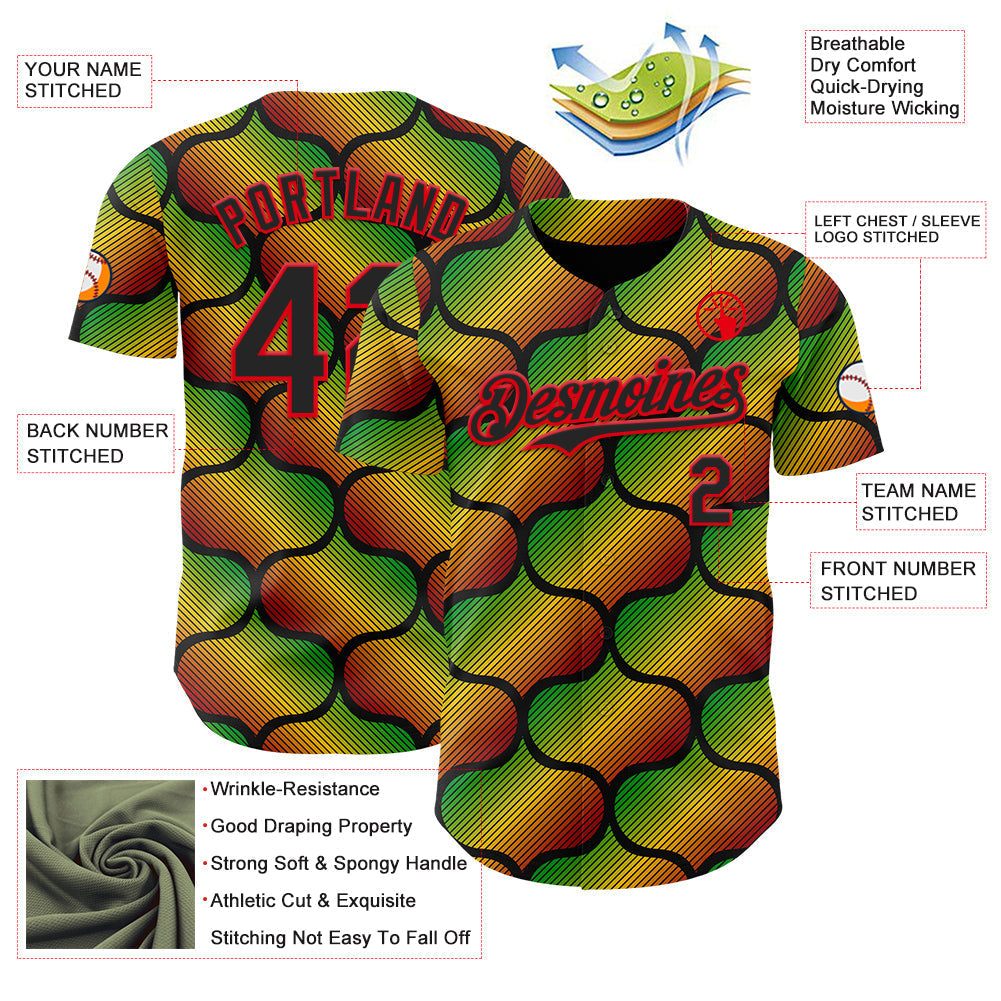 Custom Black Fire Red Green-Yellow 3D Pattern Design Black History Month Gradient African Ethnicity Style Authentic Baseball Jersey baseball jersey product view 3