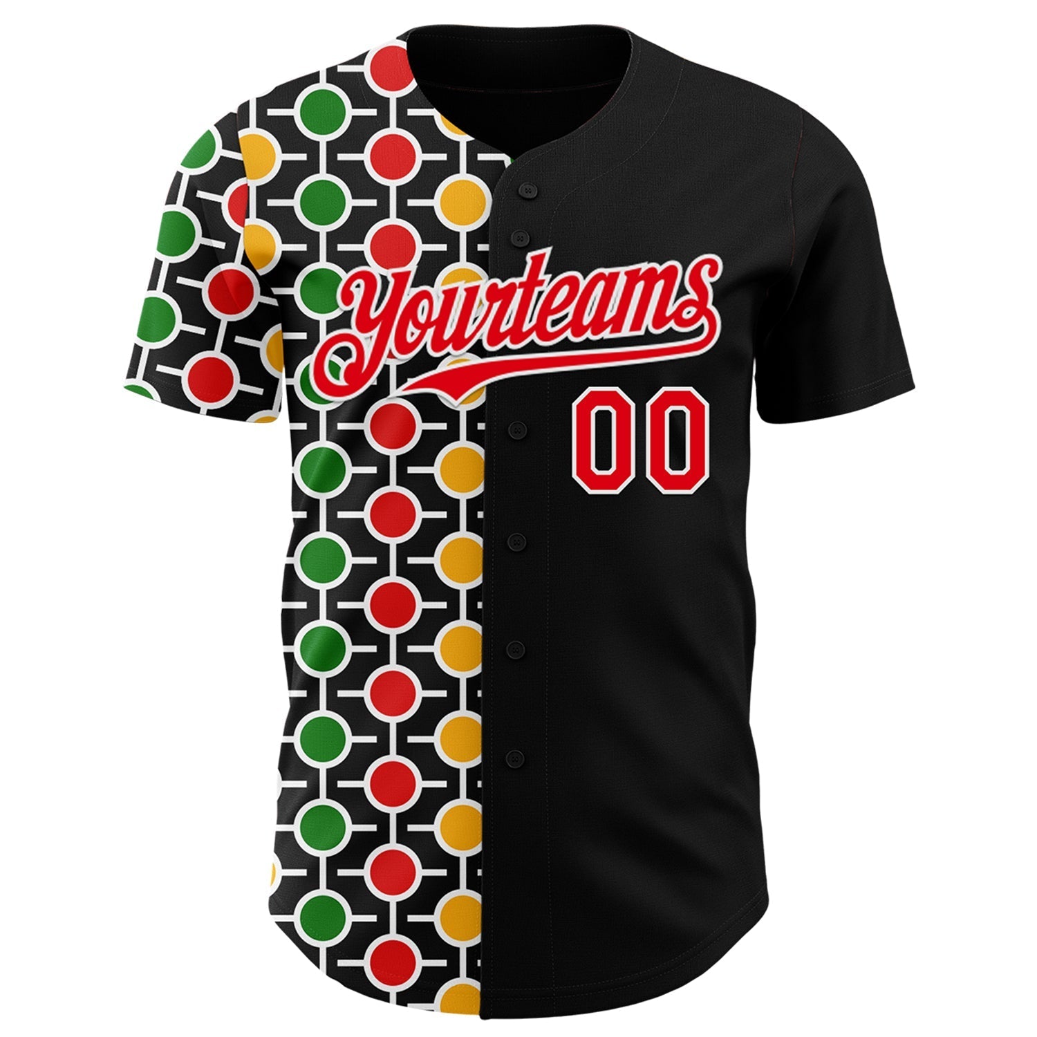 Custom Black Fire Red Yellow Green-White 3D Pattern Design Black History Month African Ethnicity Style Abstract Geometric Authentic Baseball Jersey baseball jersey product view 2