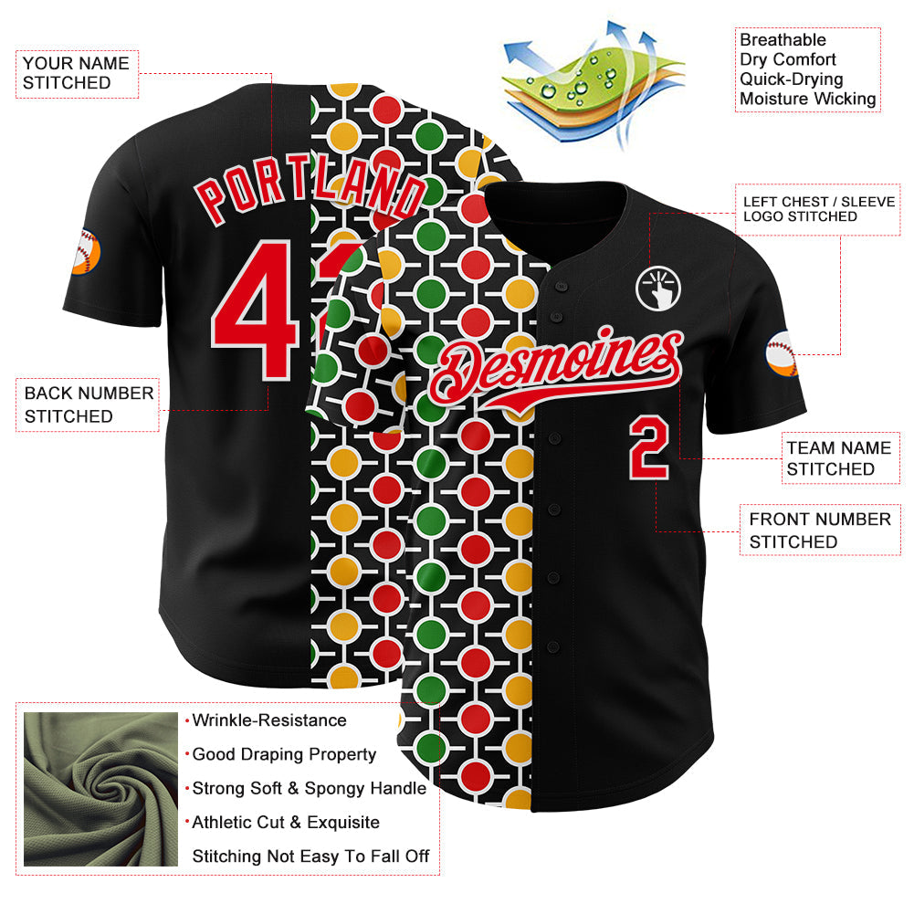 Custom Black Fire Red Yellow Green-White 3D Pattern Design Black History Month African Ethnicity Style Abstract Geometric Authentic Baseball Jersey baseball jersey product view 3