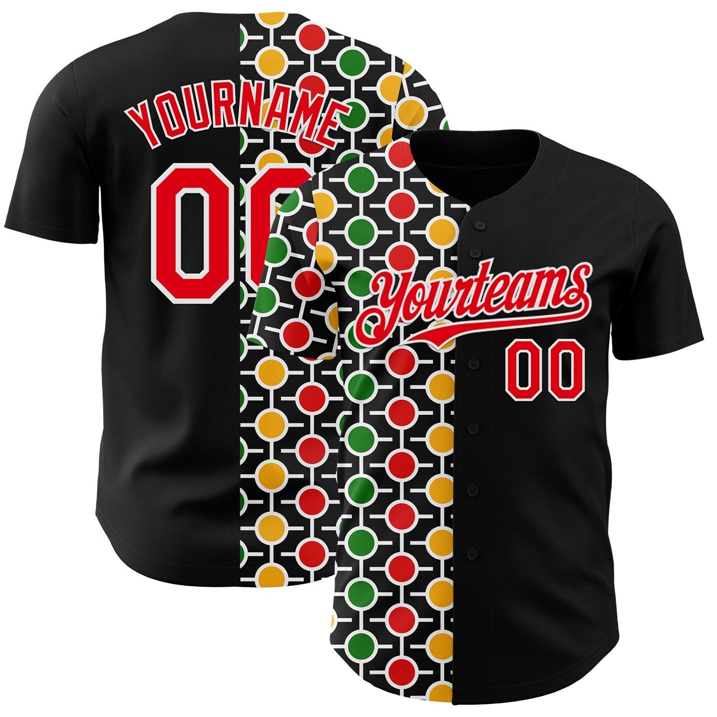 Custom Black Fire Red Yellow Green-White 3D Pattern Design Black History Month African Ethnicity Style Abstract Geometric Authentic Baseball Jersey baseball jersey product view 1