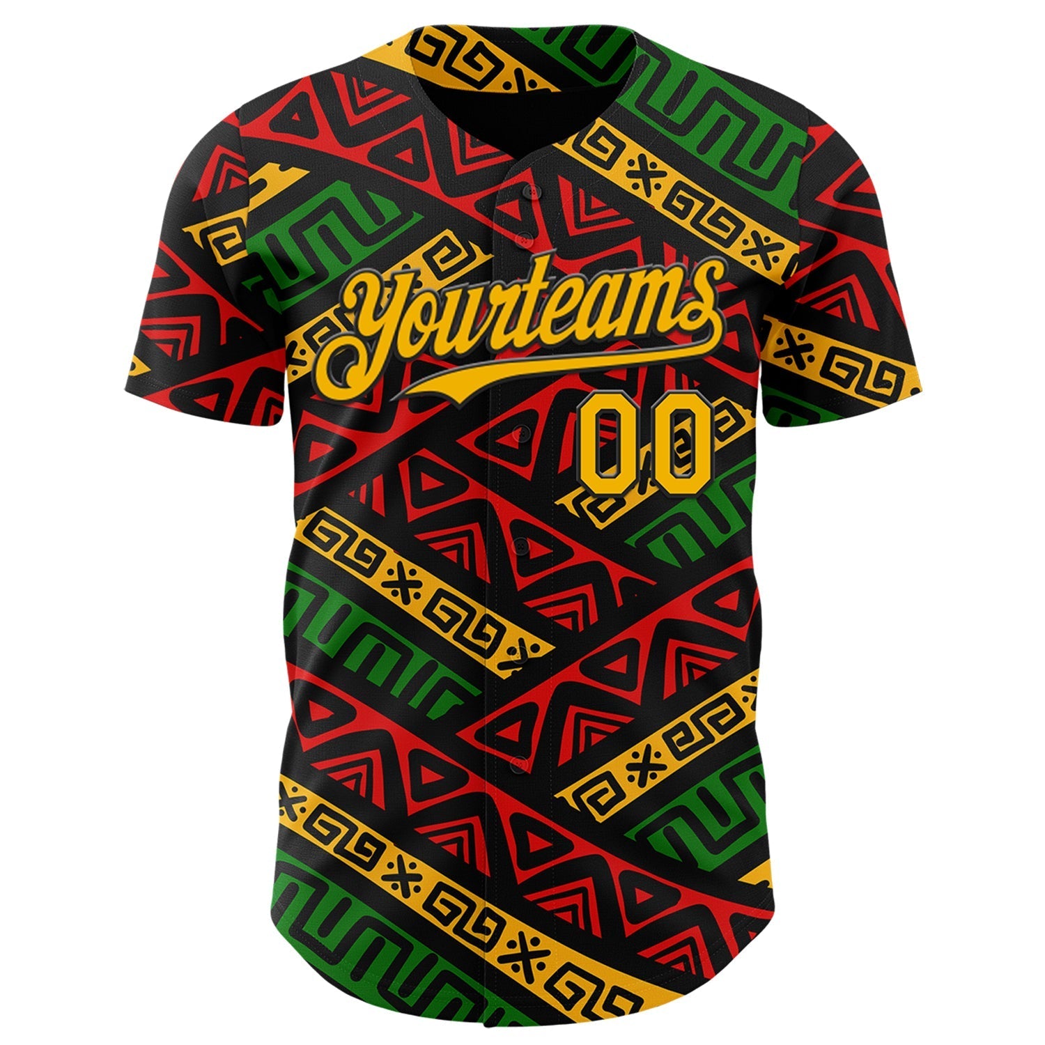 Custom Black Gold Red-Green 3D Pattern Design Black History Month African Ethnicity Style Abstract Geometric Authentic Baseball Jersey baseball jersey product view 2
