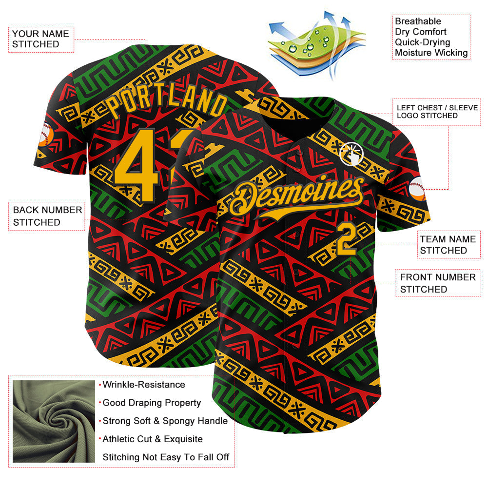 Custom Black Gold Red-Green 3D Pattern Design Black History Month African Ethnicity Style Abstract Geometric Authentic Baseball Jersey baseball jersey product view 3