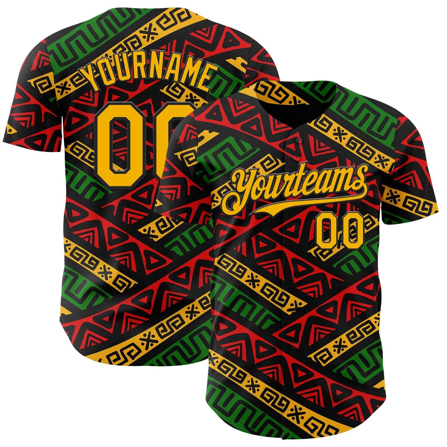 Custom Black Gold Red-Green 3D Pattern Design Black History Month African Ethnicity Style Abstract Geometric Authentic Baseball Jersey baseball jersey product view 1