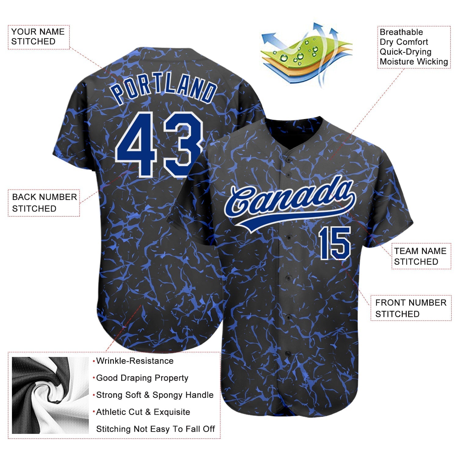 Custom Black Royal-White 3D Pattern Design Authentic Baseball Jersey baseball jersey product view 3