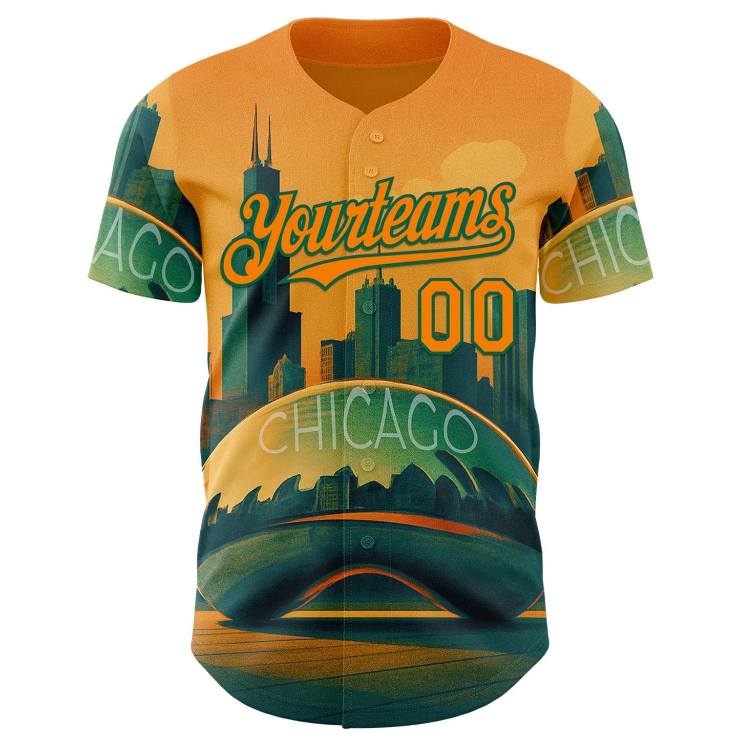 Custom Yellow Bay Orange-Kelly Green Chicago Illinois Millennium Park Cloud Gate The Bean Landmark City Symbol Authentic Baseball Jersey baseball jersey product view 2