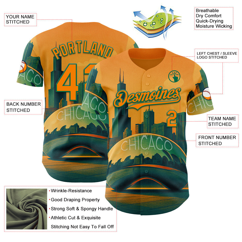 Custom Yellow Bay Orange-Kelly Green Chicago Illinois Millennium Park Cloud Gate The Bean Landmark City Symbol Authentic Baseball Jersey baseball jersey product view 3