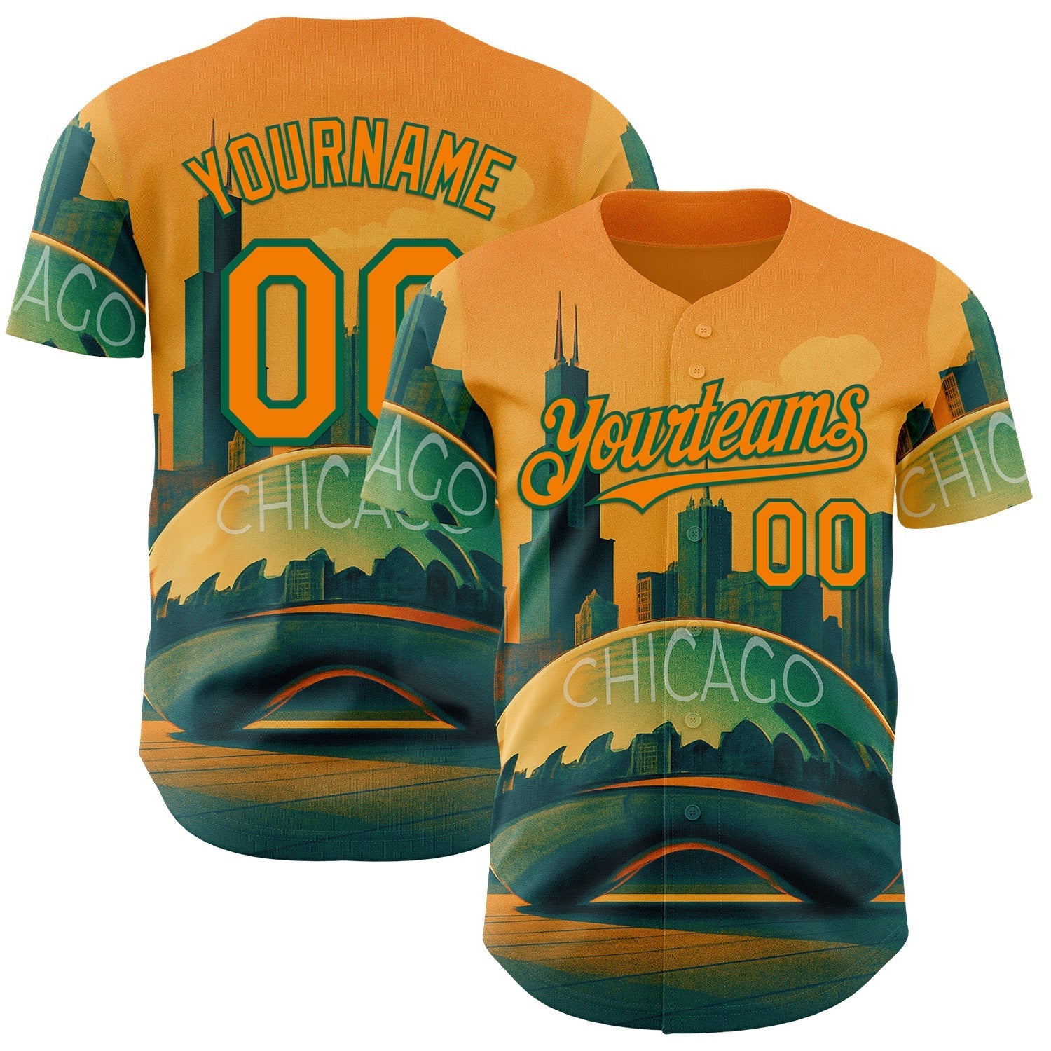 Custom Yellow Bay Orange-Kelly Green Chicago Illinois Millennium Park Cloud Gate The Bean Landmark City Symbol Authentic Baseball Jersey baseball jersey product view 1