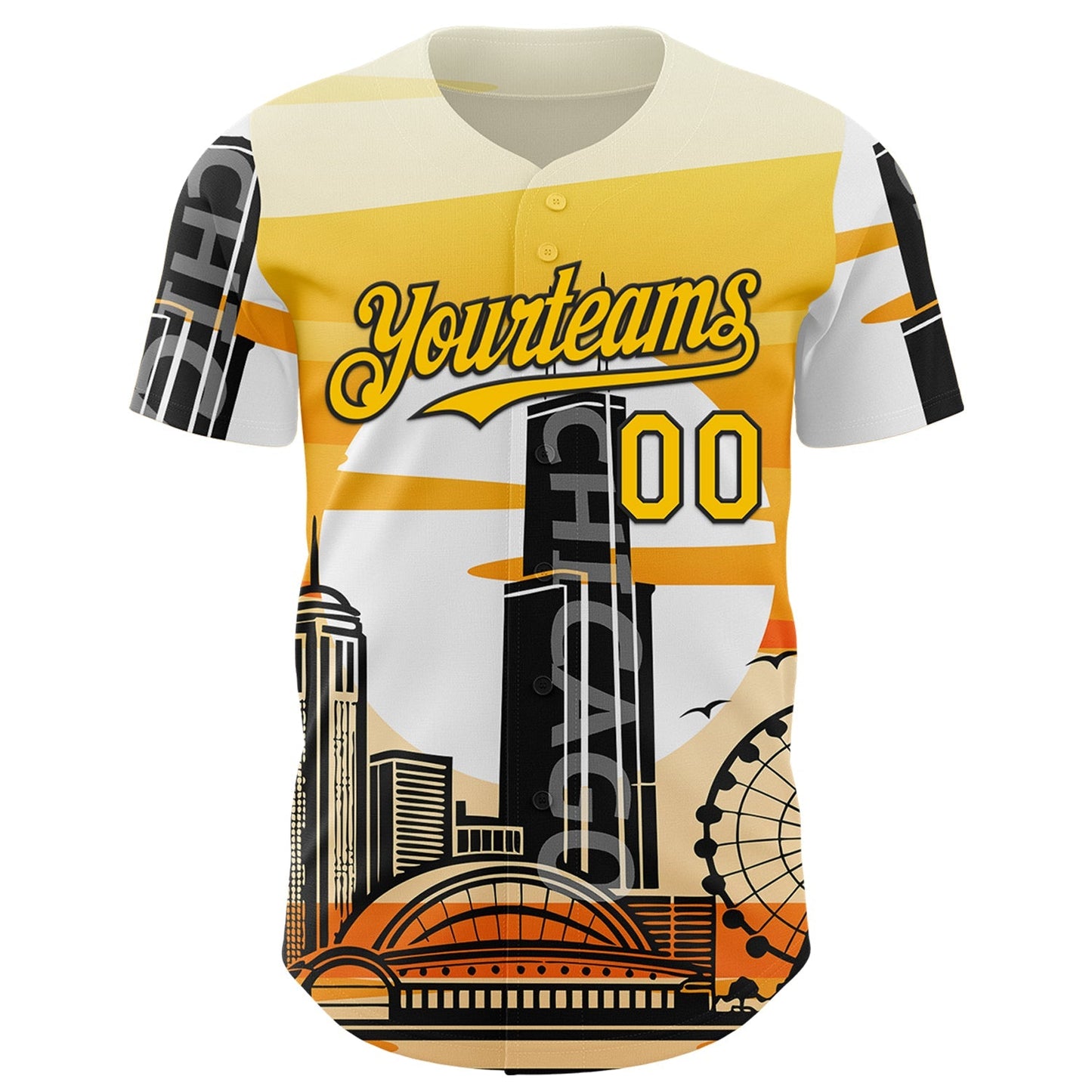 Custom Yellow Black-White Chicago Illinois Cityscape Landmark City Symbol Authentic Baseball Jersey baseball jersey product view 2