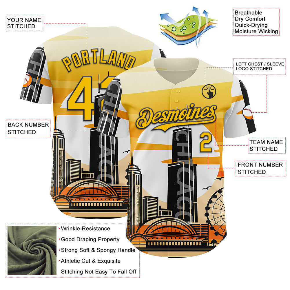 Custom Yellow Black-White Chicago Illinois Cityscape Landmark City Symbol Authentic Baseball Jersey baseball jersey product view 3