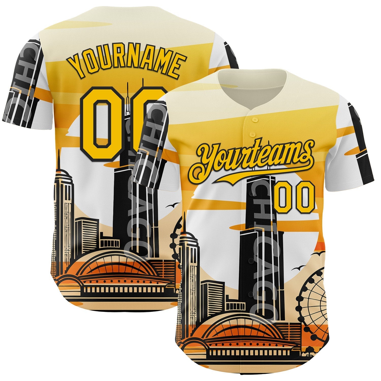 Custom Yellow Black-White Chicago Illinois Cityscape Landmark City Symbol Authentic Baseball Jersey baseball jersey product view 1