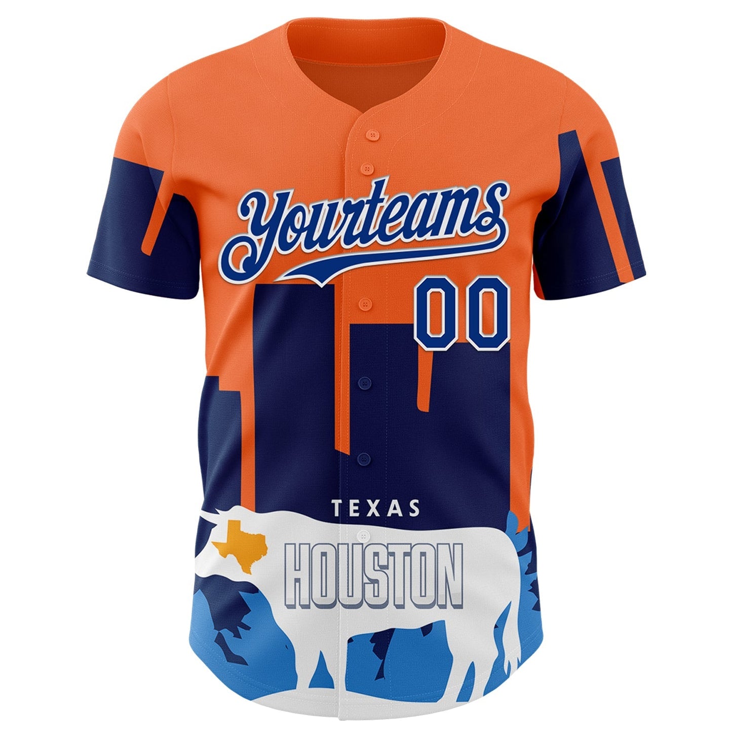 Custom Orange Royal-White Houston Texas Cityscape Landmark City Symbol Authentic Baseball Jersey baseball jersey product view 2