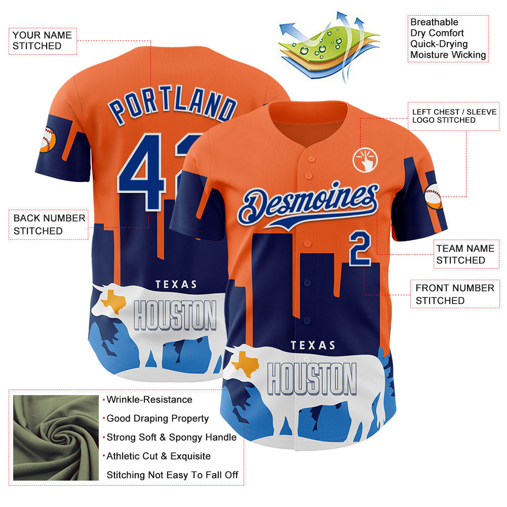 Custom Orange Royal-White Houston Texas Cityscape Landmark City Symbol Authentic Baseball Jersey baseball jersey product view 3