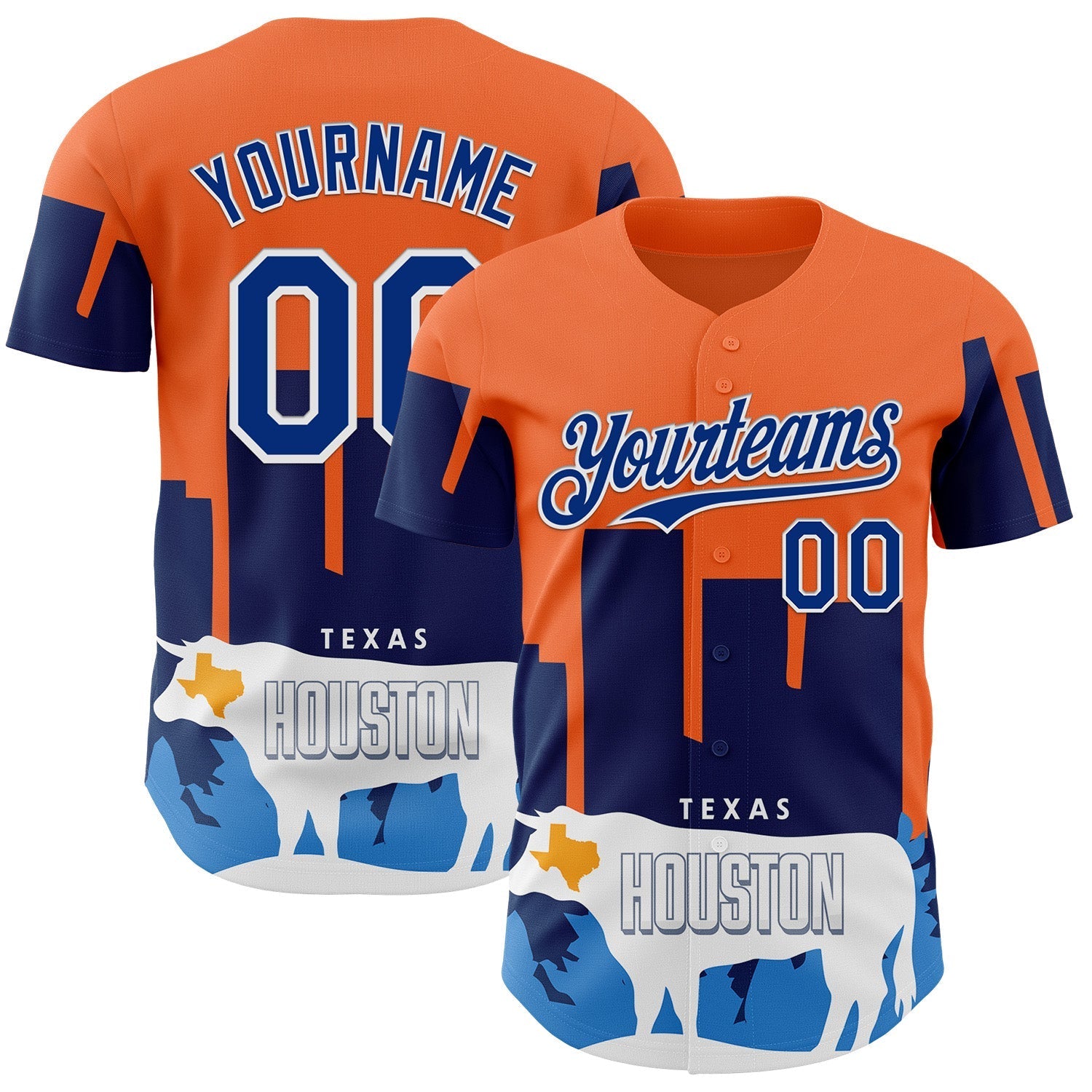 Custom Orange Royal-White Houston Texas Cityscape Landmark City Symbol Authentic Baseball Jersey baseball jersey product view 1