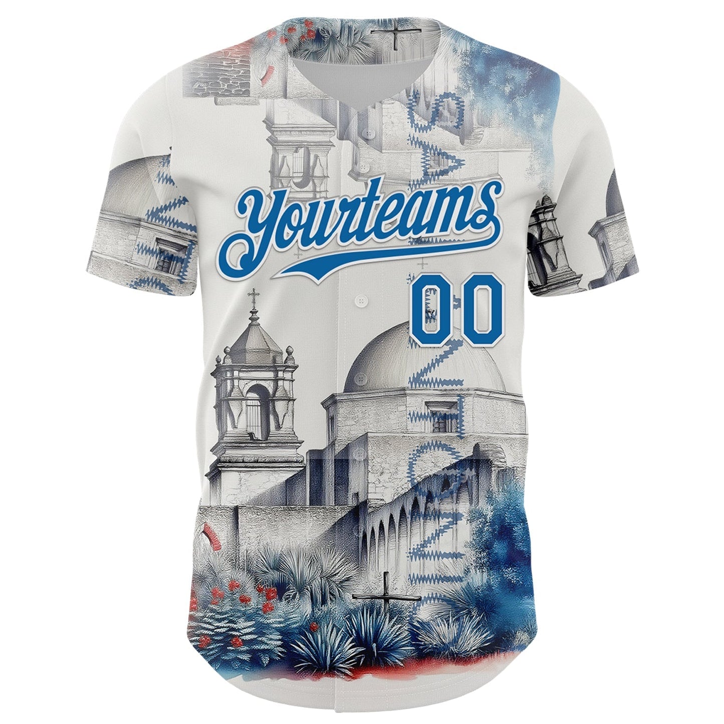 Custom Gray Blue-White San Antonio Texas Mission San Jose Landmark City Symbol Authentic Baseball Jersey baseball jersey product view 2