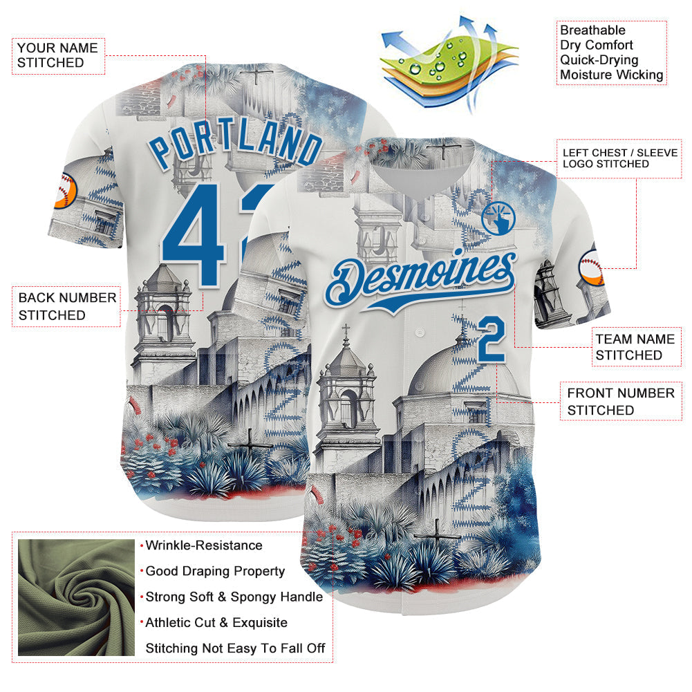 Custom Gray Blue-White San Antonio Texas Mission San Jose Landmark City Symbol Authentic Baseball Jersey baseball jersey product view 3