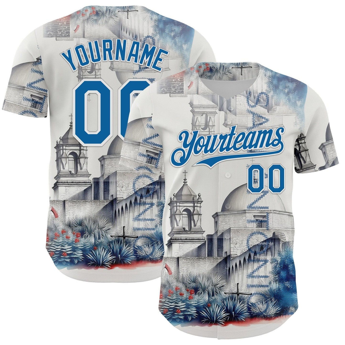 Custom Gray Blue-White San Antonio Texas Mission San Jose Landmark City Symbol Authentic Baseball Jersey baseball jersey product view 1