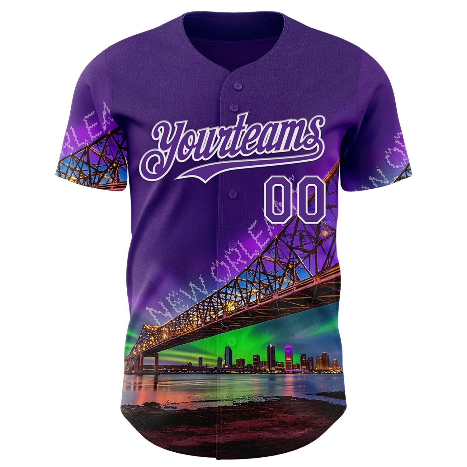 Custom Purple White New Orleans Louisiana Cityscape Landmark City Symbol Authentic Baseball Jersey baseball jersey product view 2