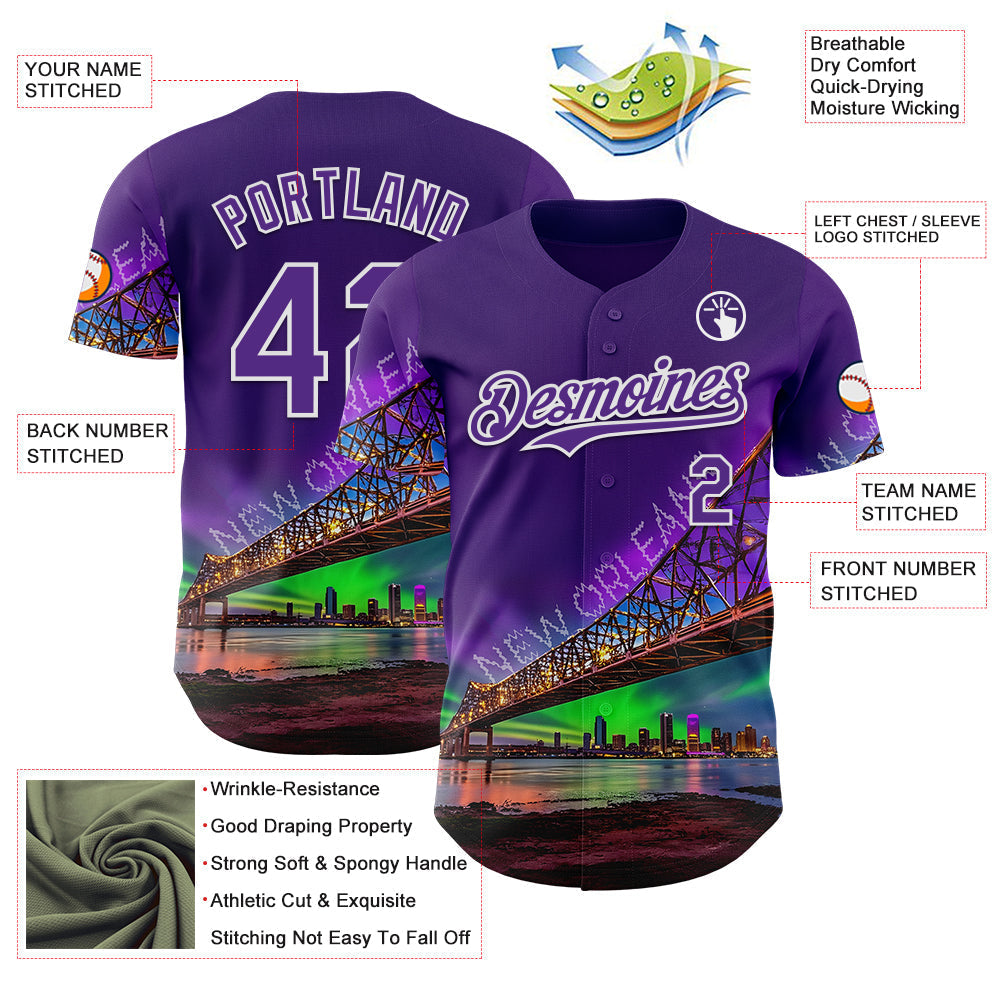 Custom Purple White New Orleans Louisiana Cityscape Landmark City Symbol Authentic Baseball Jersey baseball jersey product view 3