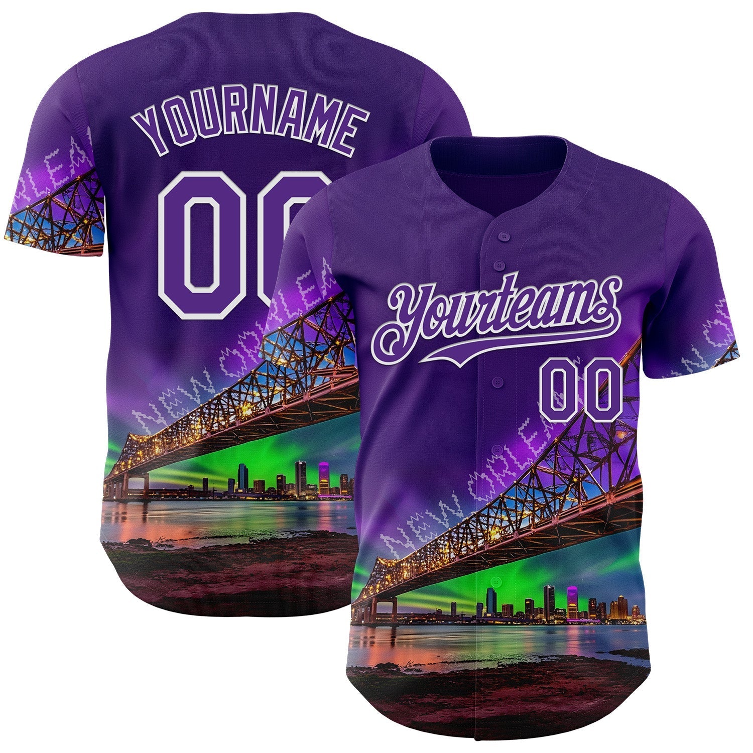 Custom Purple White New Orleans Louisiana Cityscape Landmark City Symbol Authentic Baseball Jersey baseball jersey product view 1