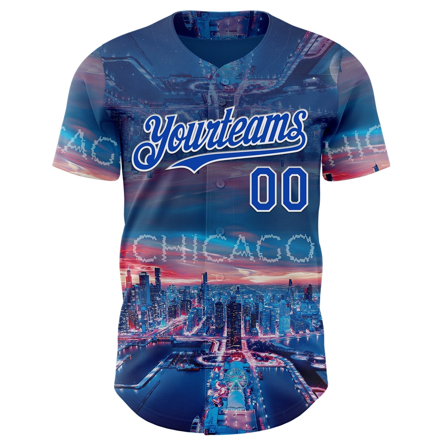 Custom Blue Thunder Blue-White Chicago Illinois Cityscape Skyline City Symbol Authentic Baseball Jersey baseball jersey product view 2