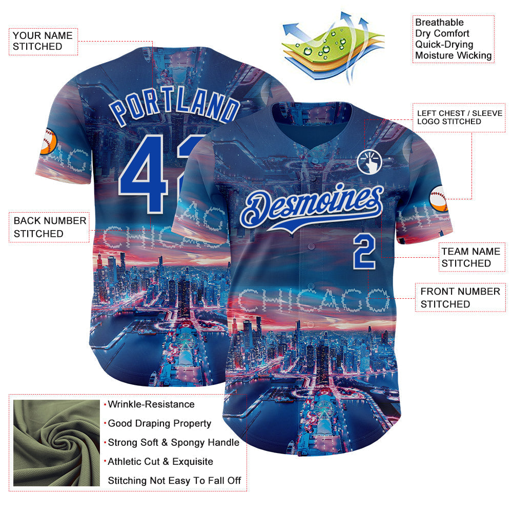 Custom Blue Thunder Blue-White Chicago Illinois Cityscape Skyline City Symbol Authentic Baseball Jersey baseball jersey product view 3
