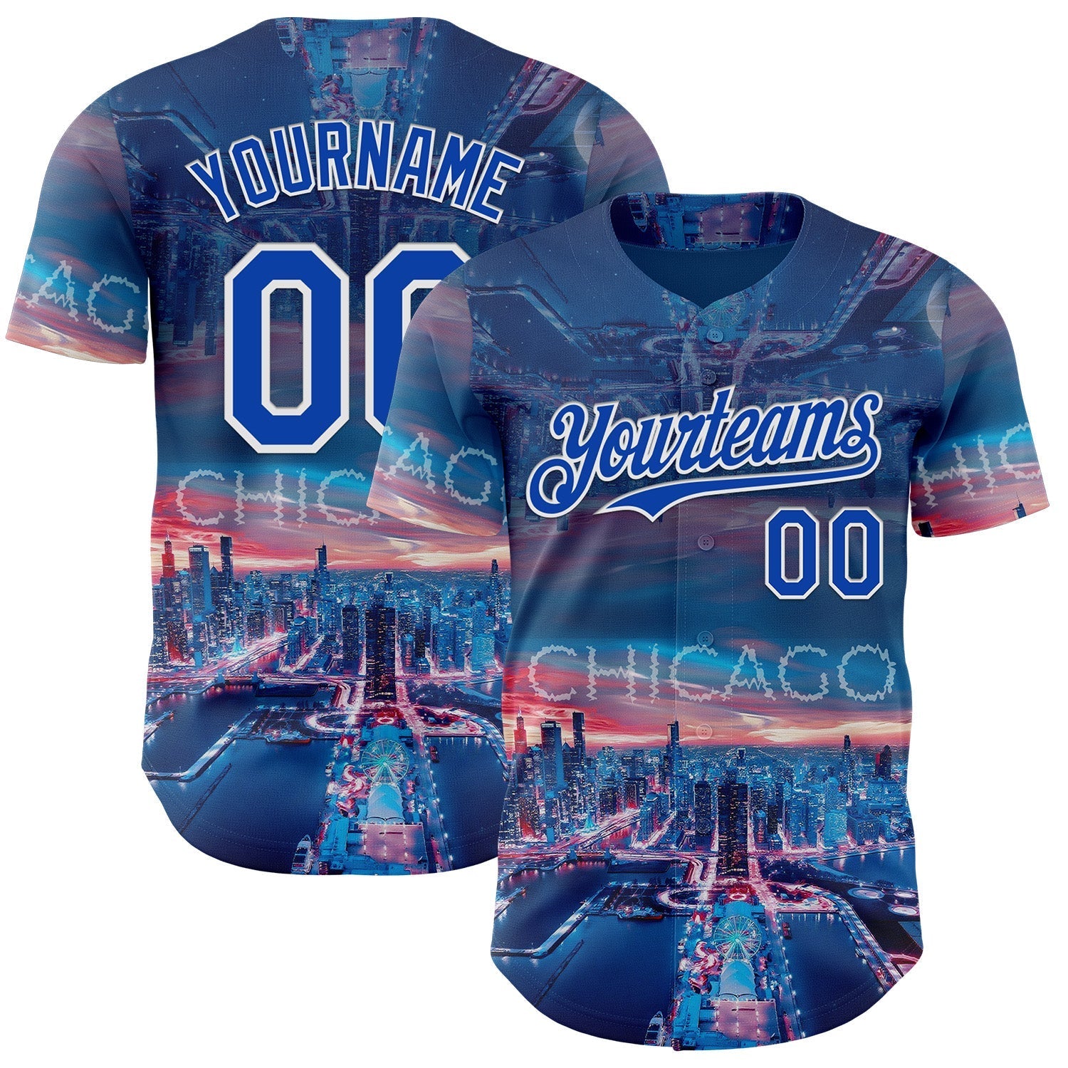 Custom Blue Thunder Blue-White Chicago Illinois Cityscape Skyline City Symbol Authentic Baseball Jersey baseball jersey product view 1
